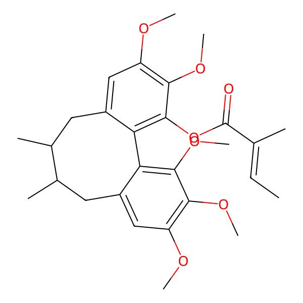 2D Structure of (4,5,14,15,16-Pentamethoxy-9,10-dimethyl-3-tricyclo[10.4.0.02,7]hexadeca-1(16),2,4,6,12,14-hexaenyl) 2-methylbut-2-enoate