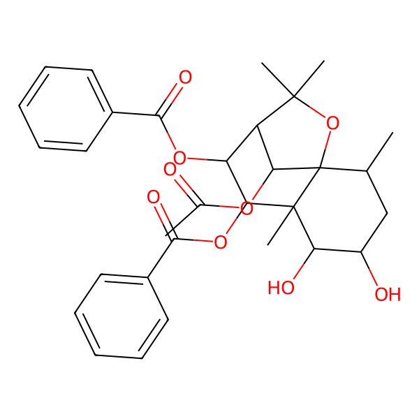 2D Structure of [(1S,2R,6S,9R,12R)-12-acetyloxy-7-benzoyloxy-4,5-dihydroxy-2,6,10,10-tetramethyl-11-oxatricyclo[7.2.1.01,6]dodecan-8-yl] benzoate