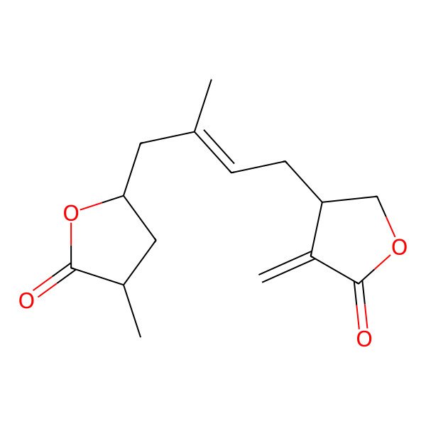 2D Structure of (4S)-3-methylidene-4-[(E)-3-methyl-4-(4-methyl-5-oxooxolan-2-yl)but-2-enyl]oxolan-2-one