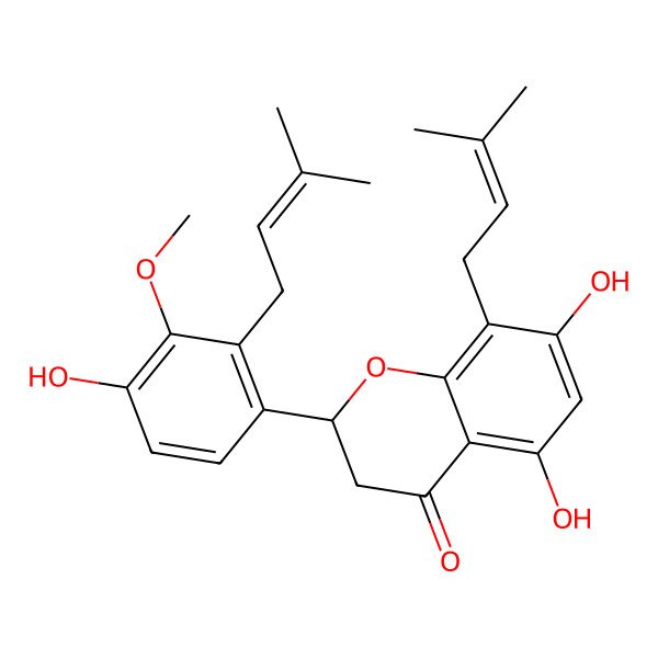 2D Structure of 5,7-Dihydroxy-2-(4-hydroxy-3-methoxy-2-(3-methyl-but-2-enyl)-phenyl)-8-((E)-3-methyl-but-2-enyl)-1-benzopyran-4-one 2D Structure of 5,7-Dihydroxy-2-(4-hydroxy-3-methoxy-2-(3-methyl-but-2-enyl)-phenyl)-8-((E)-3-methyl-but-2-enyl)-1-benzopyran-4-one