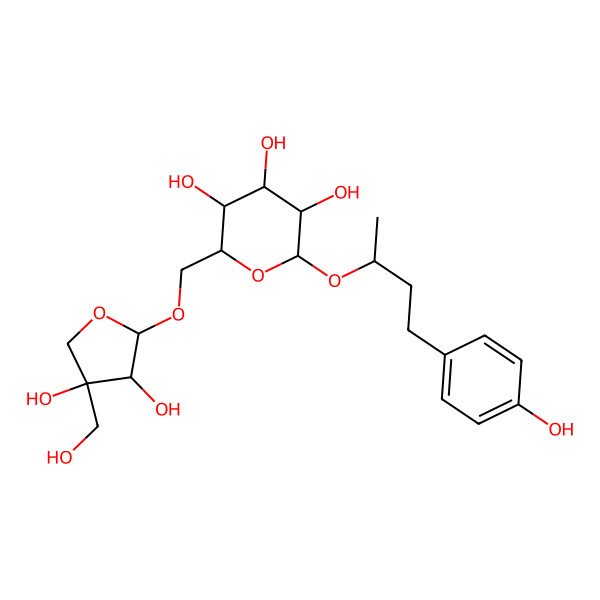 2D Structure of (2R,3S,4S,5R,6R)-2-[[(2R,3S,4S)-3,4-dihydroxy-4-(hydroxymethyl)oxolan-2-yl]oxymethyl]-6-[(2R)-4-(4-hydroxyphenyl)butan-2-yl]oxyoxane-3,4,5-triol