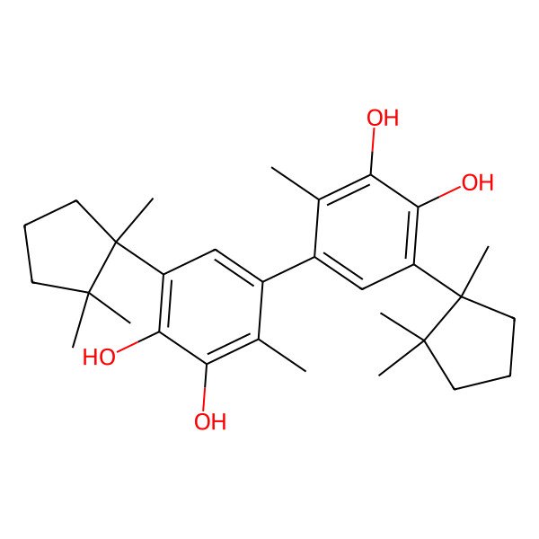 2D Structure of 4-[3,4-dihydroxy-2-methyl-5-[(1S)-1,2,2-trimethylcyclopentyl]phenyl]-3-methyl-6-[(1S)-1,2,2-trimethylcyclopentyl]benzene-1,2-diol