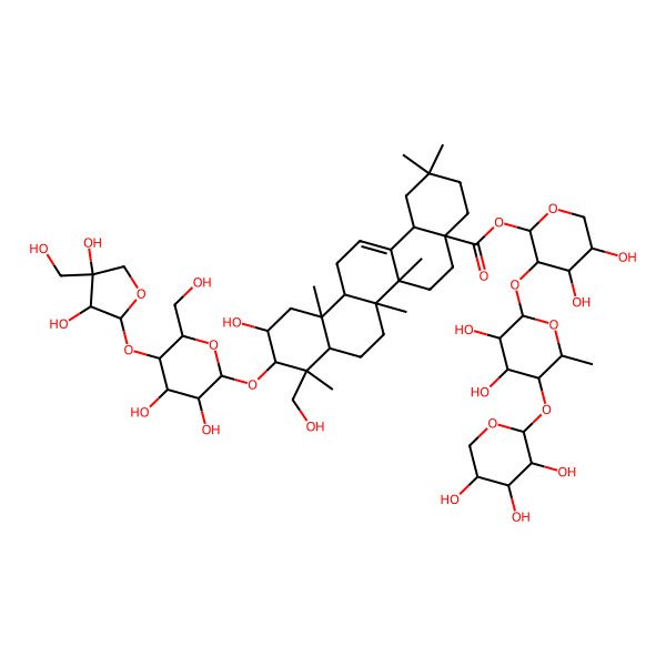 2D Structure of [(2S,3R,4S,5S)-3-[(2S,3R,4S,5R,6S)-3,4-dihydroxy-6-methyl-5-[(2S,3R,4S,5R)-3,4,5-trihydroxyoxan-2-yl]oxyoxan-2-yl]oxy-4,5-dihydroxyoxan-2-yl] (4aS,6aR,6aS,6bR,8aR,9R,10R,11S,12aR,14bS)-10-[(2R,3R,4R,5S,6R)-5-[(2S,3R,4R)-3,4-dihydroxy-4-(hydroxymethyl)oxolan-2-yl]oxy-3,4-dihydroxy-6-(hydroxymethyl)oxan-2-yl]oxy-11-hydroxy-9-(hydroxymethyl)-2,2,6a,6b,9,12a-hexamethyl-1,3,4,5,6,6a,7,8,8a,10,11,12,13,14b-tetradecahydropicene-4a-carboxylate