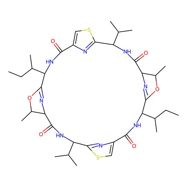 2D Structure of (4S,7R,8S,11R,18S,21R,22S,25R)-7,21-Dimethyl-11,25-bis(1-methylethyl)-4,18-bis((1S)-1-methylpropyl)-6,20-dioxa-13,27-dithia-3,10,17,24,29,30,31,32-octaazapentacyclo(24.2.1.15,8.112,15.119,22)dotriaconta-5(32),12(31),14,19(30),26(29),28-hexaene-2,9,16,23-tetrone