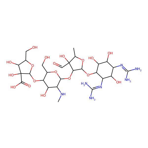 2D Structure of 2-[6-[2-[2,4-Bis(diaminomethylideneamino)-3,5,6-trihydroxycyclohexyl]oxy-4-formyl-4-hydroxy-5-methyloxolan-3-yl]oxy-4-hydroxy-2-(hydroxymethyl)-5-(methylamino)oxan-3-yl]oxy-3,4-dihydroxy-5-(hydroxymethyl)oxolane-3-carboxylic acid