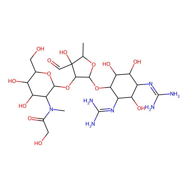 2D Structure of N-[2-[2-[2,4-bis(diaminomethylideneamino)-3,5,6-trihydroxycyclohexyl]oxy-4-formyl-4-hydroxy-5-methyloxolan-3-yl]oxy-4,5-dihydroxy-6-(hydroxymethyl)oxan-3-yl]-2-hydroxy-N-methylacetamide