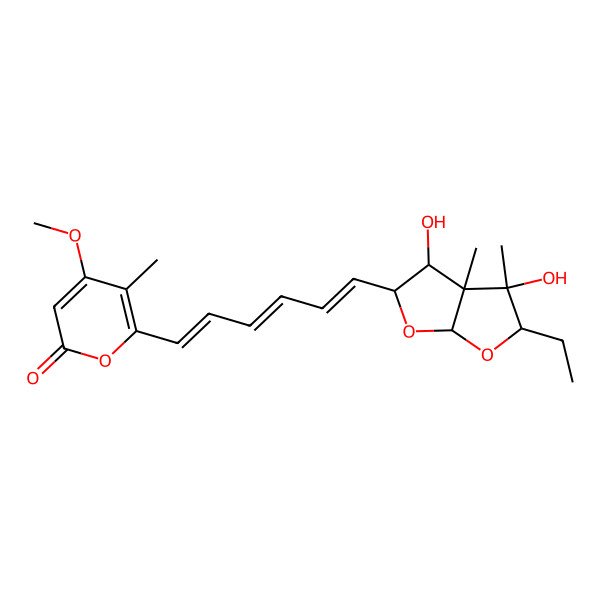 2D Structure of 6-((1E,3E,5E)-6-((2R,3R,3aR,4R,5R,6aS)-5-Ethylhexahydro-3,4-dihydroxy-3a,4-dimethylfuro(2,3-b)furan-2-yl)-1,3,5-hexatrien-1-yl)-4-methoxy-5-methyl-2H-pyran-2-one