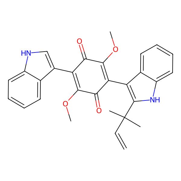2D Structure of 2-(1H-indol-3-yl)-3,6-dimethoxy-5-[2-(2-methylbut-3-en-2-yl)-1H-indol-3-yl]cyclohexa-2,5-diene-1,4-dione