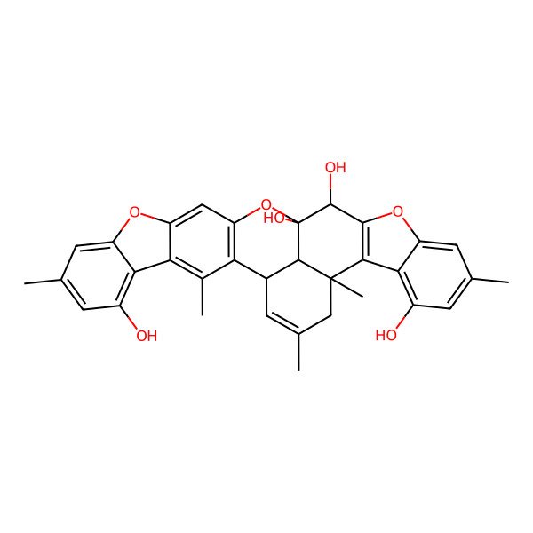 2D Structure of 3,8,22,27,29-Pentamethyl-11,15,19-trioxaoctacyclo[14.14.1.02,14.04,12.05,10.018,26.020,25.027,31]hentriaconta-2(14),3,5,7,9,12,18(26),20,22,24,29-undecaene-6,16,17,24-tetrol