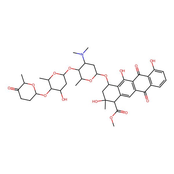 2D Structure of 1-Naphthacenecarboxylic acid, 1,2,3,4,6,11-hexahydro-2,5,7-trihydroxy-2-methyl-6,11-dioxo-4-((2,3,6-trideoxy-4-O-(2,6-dideoxy-4-O-((2R-trans)-tetrahydro-6-methyl-5-oxo-2H-pyran-2-yl)-alpha-L-lyxo-hexopyranosyl)-3-(dimethylamino)-alpha-L-lyxo-hexopyranosyl)oxy)-, methyl ester,(1R-(1-alpha,2-beta,4-beta))-