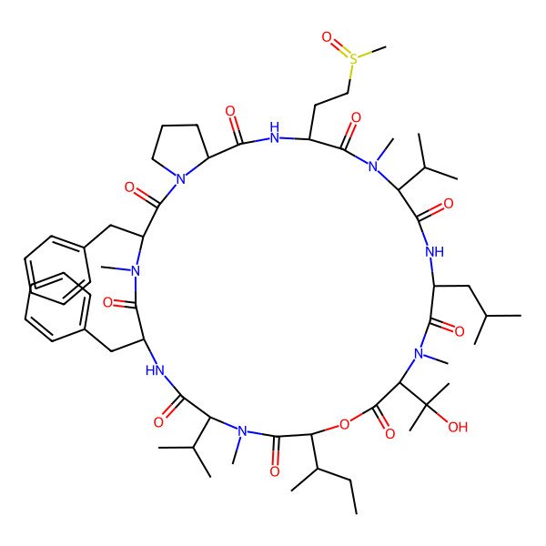 2D Structure of 3,6-Dibenzyl-12-butan-2-yl-15-(2-hydroxypropan-2-yl)-4,10,16,22-tetramethyl-18-(2-methylpropyl)-24-(2-methylsulfinylethyl)-9,21-di(propan-2-yl)-13-oxa-1,4,7,10,16,19,22,25-octazabicyclo[25.3.0]triacontane-2,5,8,11,14,17,20,23,26-nonone