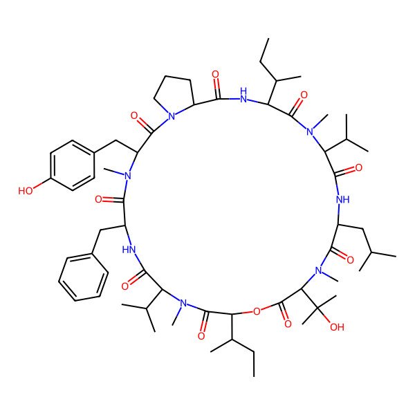 2D Structure of 6-Benzyl-12,24-di(butan-2-yl)-3-[(4-hydroxyphenyl)methyl]-15-(2-hydroxypropan-2-yl)-4,10,16,22-tetramethyl-18-(2-methylpropyl)-9,21-di(propan-2-yl)-13-oxa-1,4,7,10,16,19,22,25-octazabicyclo[25.3.0]triacontane-2,5,8,11,14,17,20,23,26-nonone