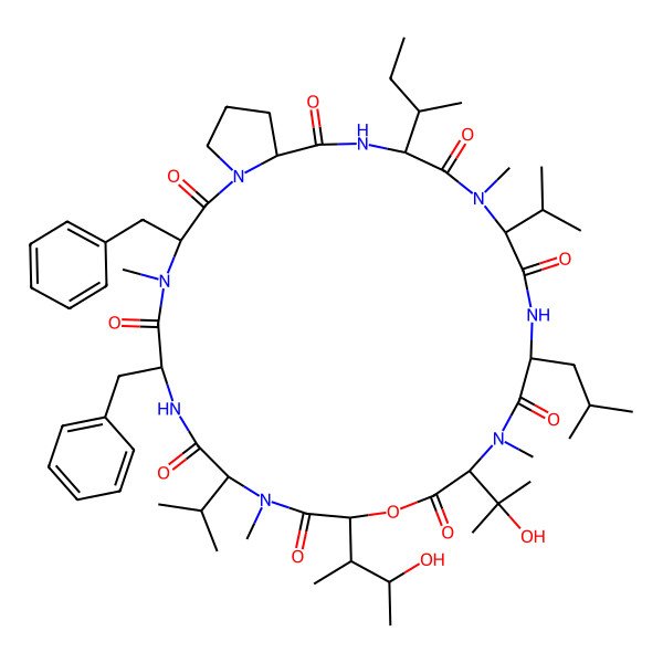 2D Structure of 3,6-Dibenzyl-24-butan-2-yl-12-(3-hydroxybutan-2-yl)-15-(2-hydroxypropan-2-yl)-4,10,16,22-tetramethyl-18-(2-methylpropyl)-9,21-di(propan-2-yl)-13-oxa-1,4,7,10,16,19,22,25-octazabicyclo[25.3.0]triacontane-2,5,8,11,14,17,20,23,26-nonone