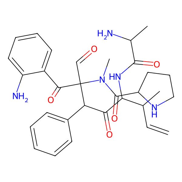 2D Structure of N-{5-[(2-Amino-1-hydroxypropylidene)amino]-1-(2-aminophenyl)-2-formyl-6-methyl-1,4-dioxo-3-phenyloct-7-en-2-yl}-N-methylprolinamide