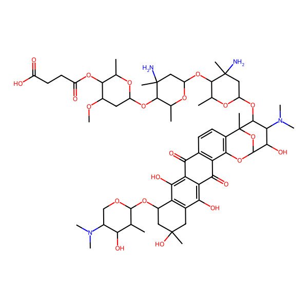 2D Structure of 4-[6-[4-Amino-6-[4-amino-6-[[23-(dimethylamino)-10-[5-(dimethylamino)-4-hydroxy-3-methyloxan-2-yl]oxy-8,12,15,22-tetrahydroxy-1,12-dimethyl-6,17-dioxo-20,25-dioxahexacyclo[19.3.1.02,19.05,18.07,16.09,14]pentacosa-2(19),3,5(18),7,9(14),15-hexaen-24-yl]oxy]-2,4-dimethyloxan-3-yl]oxy-2,4-dimethyloxan-3-yl]oxy-4-methoxy-2-methyloxan-3-yl]oxy-4-oxobutanoic acid