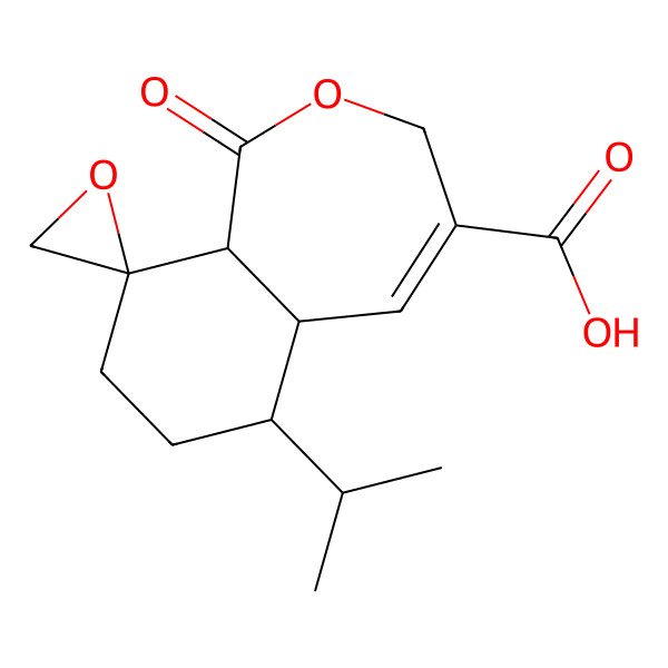 2D Structure of 1-Oxo-6-(propan-2-yl)-1,5a,6,7,8,9a-hexahydro-3H-spiro(2-benzoxepine-9,2'-oxirane)-4-carboxylic acid