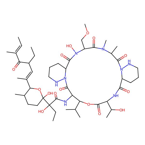2D Structure of 2H-Pyran-2-acetamide, alpha-ethyl-6-(3-ethyl-1,5-dimethyl-4-oxo-1,5-heptadienyl)-N-(1,8,14,15,18,21,27-heptaaza-21-hydroxy-7-(1-hydroxyethyl)-2,6,9,16,19,22-hexaoxo-4-isopropyl-20-(methoxymethyl)-17,18-dimethyl-5-oxatricyclo(21.4.0.0(sup 10,15))heptacosan-3-yl)tetrahydro-alpha-2-dihydroxy-5-methyl-