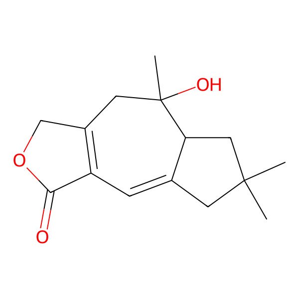 2D Structure of Azuleno(5,6-c)furan-3(1H)-one, 5,6,7,7a,8,9-hexahydro-8-hydroxy-6,6,8-trimethyl-, (7aS,8S)-