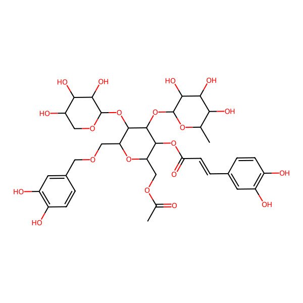 2D Structure of [(2R,3S,4S,5S,6R)-2-(acetyloxymethyl)-6-[(3,4-dihydroxyphenyl)methoxymethyl]-4-[(2S,3R,4R,5R,6S)-3,4,5-trihydroxy-6-methyloxan-2-yl]oxy-5-[(2S,3R,4S,5S)-3,4,5-trihydroxyoxan-2-yl]oxyoxan-3-yl] (E)-3-(3,4-dihydroxyphenyl)prop-2-enoate