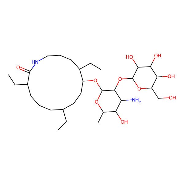 2D Structure of 10-[(2S,3S,4S,5S,6R)-4-amino-5-hydroxy-6-methyl-3-[(2R,3R,4S,5S,6R)-3,4,5-trihydroxy-6-(hydroxymethyl)oxan-2-yl]oxyoxan-2-yl]oxy-3,7,11-triethyl-azacyclotetradecan-2-one
