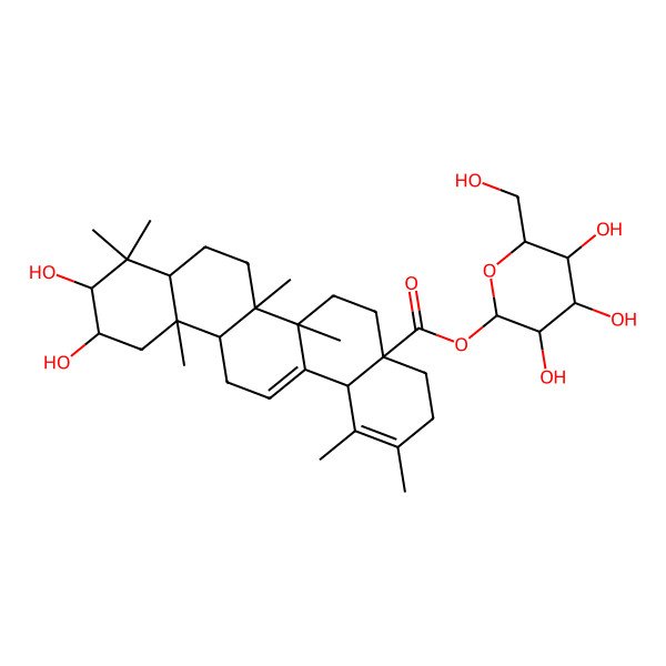 2D Structure of [(2S,3R,4S,5S,6R)-3,4,5-trihydroxy-6-(hydroxymethyl)oxan-2-yl] (4aS,6aR,6aS,6bR,8aR,10S,11R,12aR,14bS)-10,11-dihydroxy-1,2,6a,6b,9,9,12a-heptamethyl-4,5,6,6a,7,8,8a,10,11,12,13,14b-dodecahydro-3H-picene-4a-carboxylate