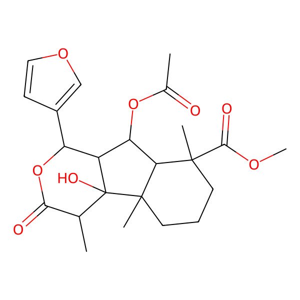 2D Structure of methyl (1S,4S,4aS,4bS,8S,8aS,9R,9aR)-9-acetyloxy-1-(furan-3-yl)-4a-hydroxy-4,4b,8-trimethyl-3-oxo-1,4,5,6,7,8a,9,9a-octahydroindeno[2,1-c]pyran-8-carboxylate