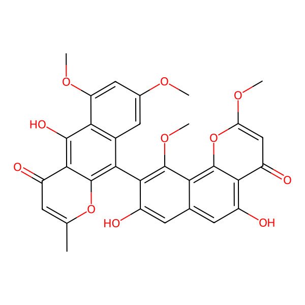 2D Structure of 10-(5,8-Dihydroxy-2,10-dimethoxy-4-oxobenzo[h]chromen-9-yl)-5-hydroxy-6,8-dimethoxy-2-methylbenzo[g]chromen-4-one