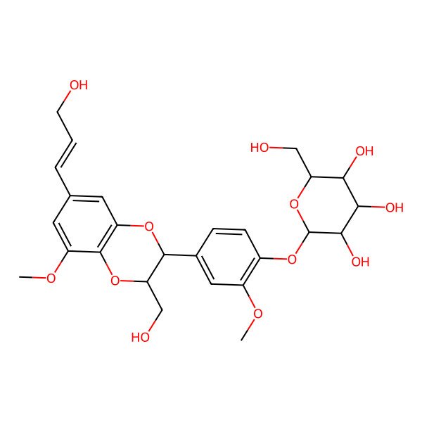 2D Structure of (2S,3R,4R,5S,6R)-2-(hydroxymethyl)-6-[4-[(2S,3R)-3-(hydroxymethyl)-7-[(E)-3-hydroxyprop-1-enyl]-5-methoxy-2,3-dihydro-1,4-benzodioxin-2-yl]-2-methoxyphenoxy]oxane-3,4,5-triol