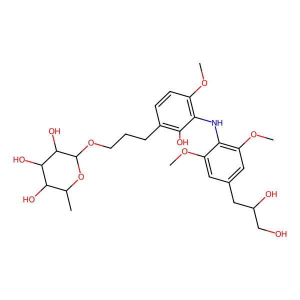 2D Structure of (2R,3R,4R,5R,6S)-2-[3-[3-[4-[(2S)-2,3-dihydroxypropyl]-2,6-dimethoxyanilino]-2-hydroxy-4-methoxyphenyl]propoxy]-6-methyloxane-3,4,5-triol