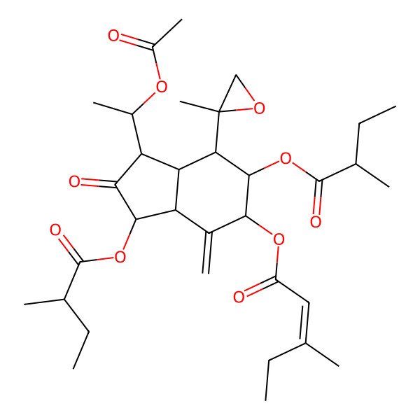 2D Structure of [(1S,3S,3aR,5S,6R,7S,7aR)-1-[(1R)-1-acetyloxyethyl]-3,6-bis[[(2S)-2-methylbutanoyl]oxy]-4-methylidene-7-[(2S)-2-methyloxiran-2-yl]-2-oxo-3,3a,5,6,7,7a-hexahydro-1H-inden-5-yl] (E)-3-methylpent-2-enoate