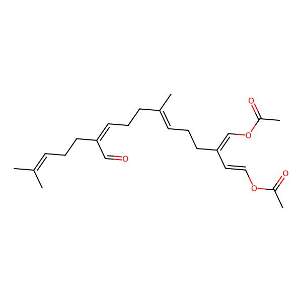 2D Structure of [(1E,3E,6E,10E)-3-(acetyloxymethylidene)-11-formyl-7,15-dimethylhexadeca-1,6,10,14-tetraenyl] acetate