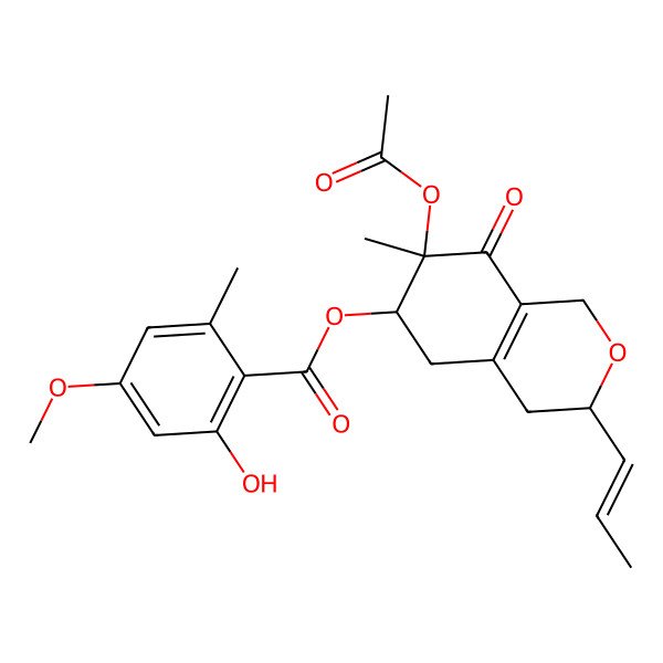2D Structure of (7-acetyloxy-7-methyl-8-oxo-3-prop-1-enyl-3,4,5,6-tetrahydro-1H-isochromen-6-yl) 2-hydroxy-4-methoxy-6-methylbenzoate