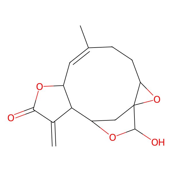 2D Structure of (1S,3R,6E,8R,12S,13S,15S)-15-hydroxy-6-methyl-11-methylidene-2,9,14-trioxatetracyclo[11.2.1.01,3.08,12]hexadec-6-en-10-one