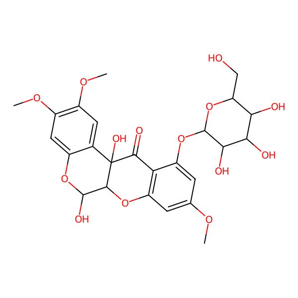 2D Structure of 6,12a-Dihydroxy-2,3,9-trimethoxy-11-[3,4,5-trihydroxy-6-(hydroxymethyl)oxan-2-yl]oxy-6,6a-dihydrochromeno[3,4-b]chromen-12-one