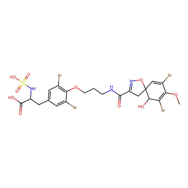 2D Structure of 3-[3,5-dibromo-4-[3-[[(5R,6S)-7,9-dibromo-6-hydroxy-8-methoxy-1-oxa-2-azaspiro[4.5]deca-2,7,9-triene-3-carbonyl]amino]propoxy]phenyl]-2-(sulfoamino)propanoic acid