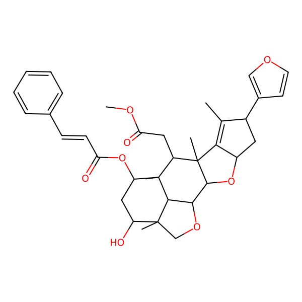 2D Structure of [6-(Furan-3-yl)-14-hydroxy-10-(2-methoxy-2-oxoethyl)-7,9,11,15-tetramethyl-3,17-dioxapentacyclo[9.6.1.02,9.04,8.015,18]octadec-7-en-12-yl] 3-phenylprop-2-enoate