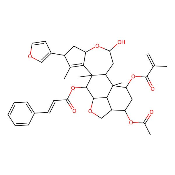 2D Structure of [17-acetyloxy-8-(furan-3-yl)-4-hydroxy-1,9,11,16-tetramethyl-12-[(E)-3-phenylprop-2-enoyl]oxy-5,14-dioxapentacyclo[11.6.1.02,11.06,10.016,20]icos-9-en-19-yl] 2-methylprop-2-enoate