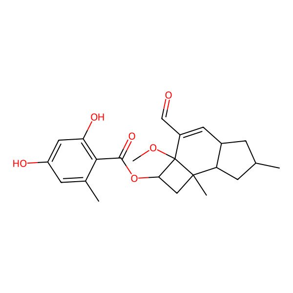 2D Structure of (3-formyl-2a-methoxy-6,7b-dimethyl-2,4a,5,6,7,7a-hexahydro-1H-cyclobuta[e]inden-2-yl) 2,4-dihydroxy-6-methylbenzoate