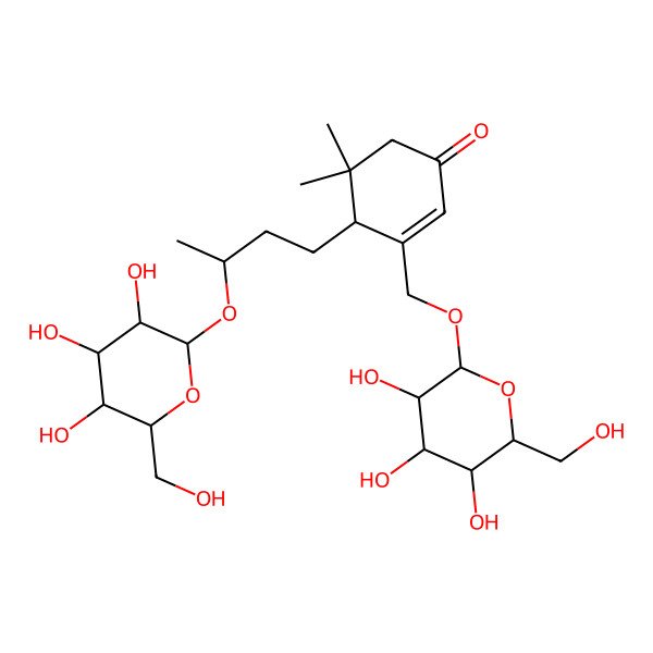 2D Structure of (4S)-5,5-dimethyl-4-[(3R)-3-[(2R,3R,4S,5S,6R)-3,4,5-trihydroxy-6-(hydroxymethyl)oxan-2-yl]oxybutyl]-3-[[(2R,3R,4S,5S,6R)-3,4,5-trihydroxy-6-(hydroxymethyl)oxan-2-yl]oxymethyl]cyclohex-2-en-1-one