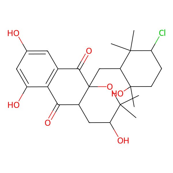 2D Structure of (3R,10aS)-10a-[[(1S,3S,6S)-3-chloro-6-hydroxy-2,2,6-trimethylcyclohexyl]methyl]-3,6,8-trihydroxy-2,2-dimethyl-4,4a-dihydro-3H-benzo[g]chromene-5,10-dione