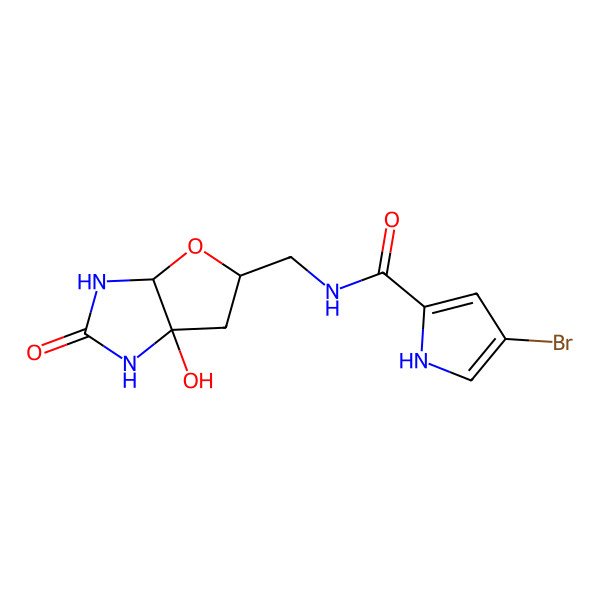 2D Structure of N-[(6a-hydroxy-2-oxo-3,3a,5,6-tetrahydro-1H-furo[2,3-d]imidazol-5-yl)methyl]-4-bromo-1H-pyrrole-2-carboxamide