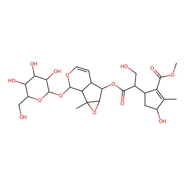 2D Structure of methyl 3-hydroxy-5-[3-hydroxy-1-[[2-methyl-10-[(2S,3R,4S,5S,6R)-3,4,5-trihydroxy-6-(hydroxymethyl)oxan-2-yl]oxy-3,9-dioxatricyclo[4.4.0.02,4]dec-7-en-5-yl]oxy]-1-oxopropan-2-yl]-2-methylcyclopentene-1-carboxylate