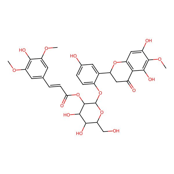 2D Structure of [2-[2-(5,7-Dihydroxy-6-methoxy-4-oxo-2,3-dihydrochromen-2-yl)-4-hydroxyphenoxy]-4,5-dihydroxy-6-(hydroxymethyl)oxan-3-yl] 3-(4-hydroxy-3,5-dimethoxyphenyl)prop-2-enoate