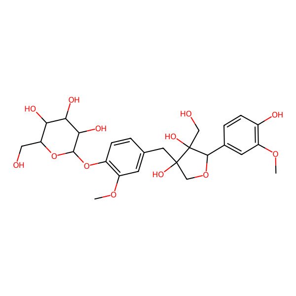 2D Structure of 2-[4-[[3,4-Dihydroxy-5-(4-hydroxy-3-methoxyphenyl)-4-(hydroxymethyl)oxolan-3-yl]methyl]-2-methoxyphenoxy]-6-(hydroxymethyl)oxane-3,4,5-triol