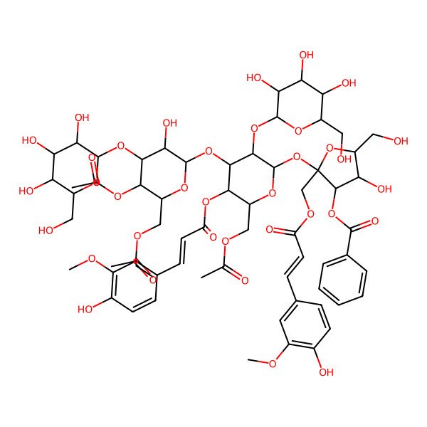 2D Structure of [2-[4-[5-Acetyloxy-6-(acetyloxymethyl)-3-hydroxy-4-[3,4,5-trihydroxy-6-(hydroxymethyl)oxan-2-yl]oxyoxan-2-yl]oxy-6-(acetyloxymethyl)-5-[3-(4-hydroxy-3-methoxyphenyl)prop-2-enoyloxy]-3-[3,4,5-trihydroxy-6-(hydroxymethyl)oxan-2-yl]oxyoxan-2-yl]oxy-4-hydroxy-2-[3-(4-hydroxy-3-methoxyphenyl)prop-2-enoyloxymethyl]-5-(hydroxymethyl)oxolan-3-yl] benzoate