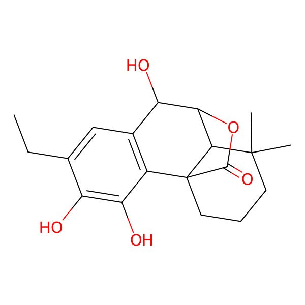 2D Structure of 5-Ethyl-3,4,8-trihydroxy-11,11-dimethyl-16-oxatetracyclo[7.5.2.01,10.02,7]hexadeca-2(7),3,5-trien-15-one