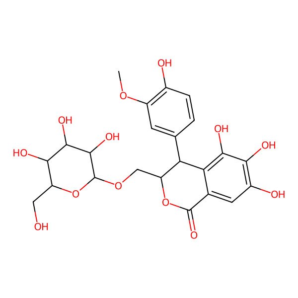 2D Structure of (3S,4S)-5,6,7-trihydroxy-4-(4-hydroxy-3-methoxyphenyl)-3-[[(2R,3R,4S,5S,6R)-3,4,5-trihydroxy-6-(hydroxymethyl)oxan-2-yl]oxymethyl]-3,4-dihydroisochromen-1-one