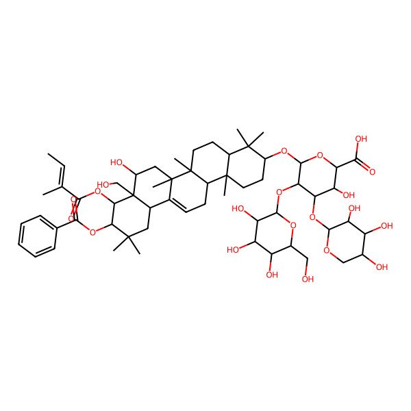 2D Structure of (2S,3S,4S,5R,6R)-6-[[(3S,4aR,6aR,6bS,8R,8aR,9R,10R,12aS,14aR,14bR)-10-benzoyloxy-8-hydroxy-8a-(hydroxymethyl)-4,4,6a,6b,11,11,14b-heptamethyl-9-[(Z)-2-methylbut-2-enoyl]oxy-1,2,3,4a,5,6,7,8,9,10,12,12a,14,14a-tetradecahydropicen-3-yl]oxy]-3-hydroxy-5-[(2S,3R,4S,5R,6R)-3,4,5-trihydroxy-6-(hydroxymethyl)oxan-2-yl]oxy-4-[(2S,3R,4S,5R)-3,4,5-trihydroxyoxan-2-yl]oxyoxane-2-carboxylic acid