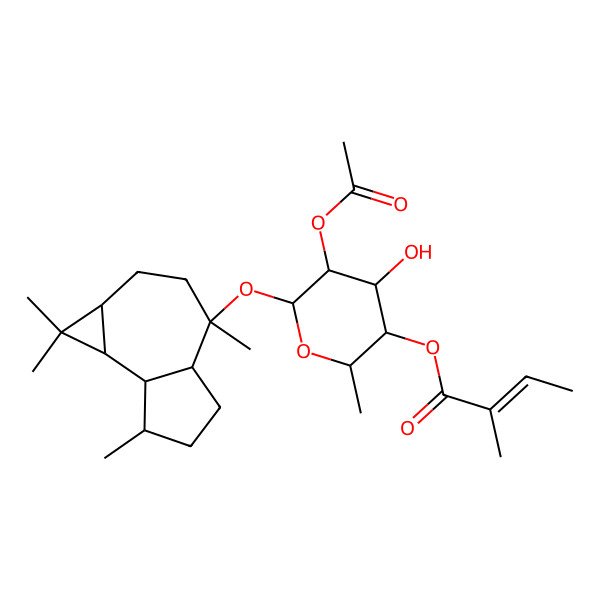 2D Structure of [(2R,3R,4S,5R,6S)-6-[[(1aR,4S,4aS,7R,7aS,7bS)-1,1,4,7-tetramethyl-2,3,4a,5,6,7,7a,7b-octahydro-1aH-cyclopropa[e]azulen-4-yl]oxy]-5-acetyloxy-4-hydroxy-2-methyloxan-3-yl] (Z)-2-methylbut-2-enoate