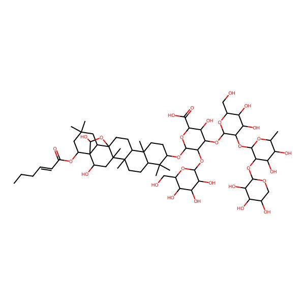 2D Structure of 4-[3-[4,5-Dihydroxy-6-methyl-3-(3,4,5-trihydroxyoxan-2-yl)oxyoxan-2-yl]oxy-4,5-dihydroxy-6-(hydroxymethyl)oxan-2-yl]oxy-6-[(22-hex-2-enoyloxy-2,23-dihydroxy-4,5,9,9,13,20,20-heptamethyl-24-oxahexacyclo[15.5.2.01,18.04,17.05,14.08,13]tetracosan-10-yl)oxy]-3-hydroxy-5-[3,4,5-trihydroxy-6-(hydroxymethyl)oxan-2-yl]oxyoxane-2-carboxylic acid
